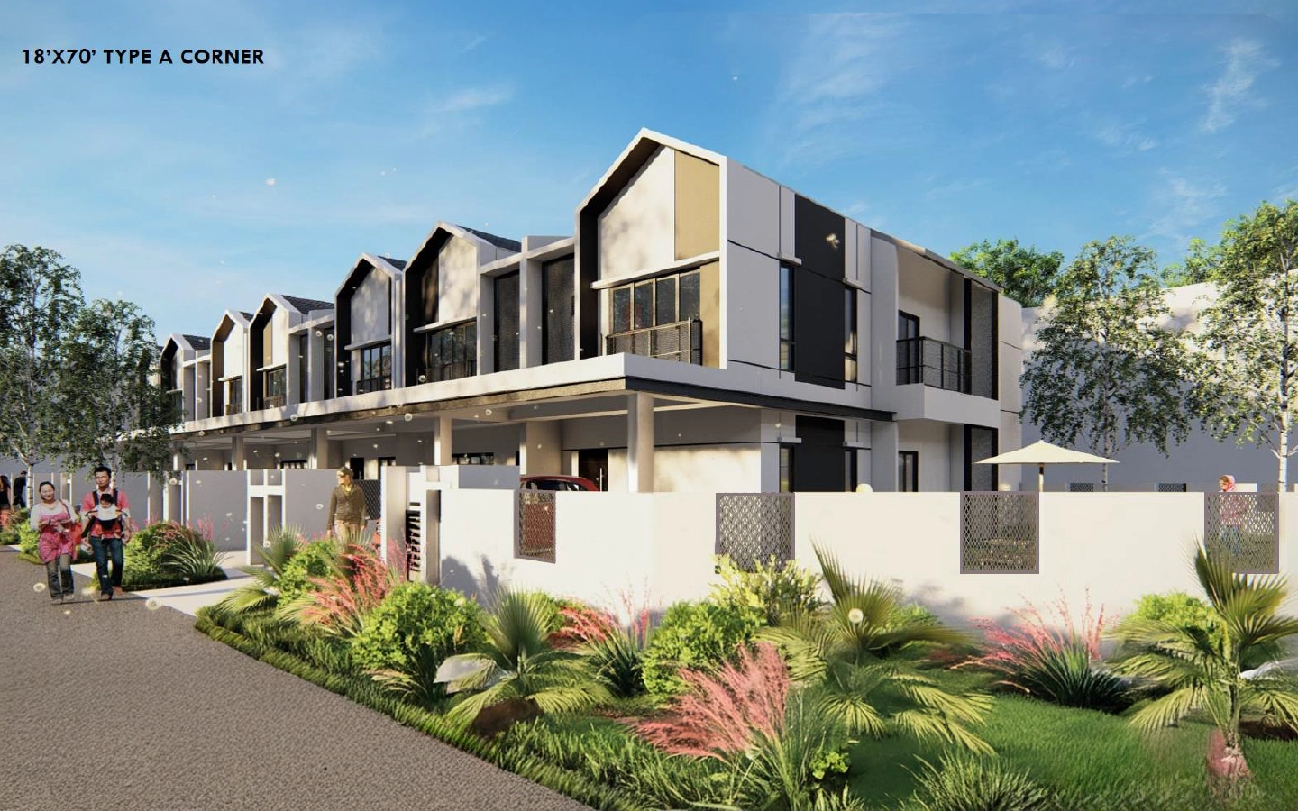 Modern corner house design with landscaping.