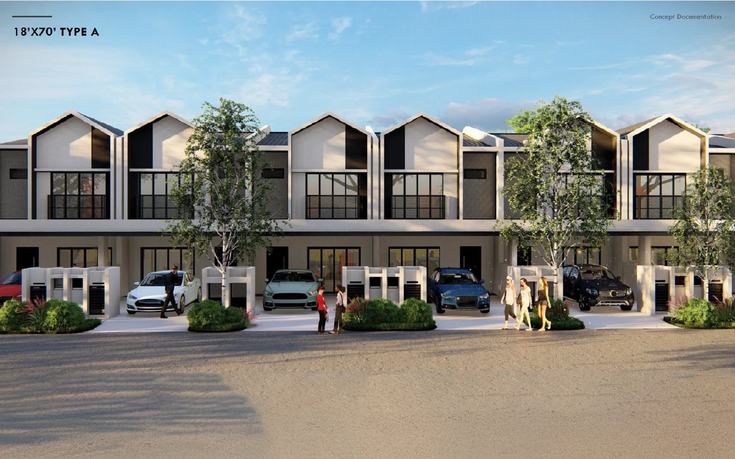 Modern townhouse complex with cars