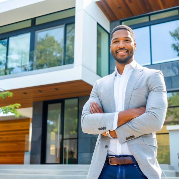 Confident African American man real estate agent stands proudly outside a modern home, radiating expertise and approachability, ready to assist potential house buyers Confident African American man real estate agent stands proudly outside a modern home, radiating expertise and approachability, ready to assist potential house buyers